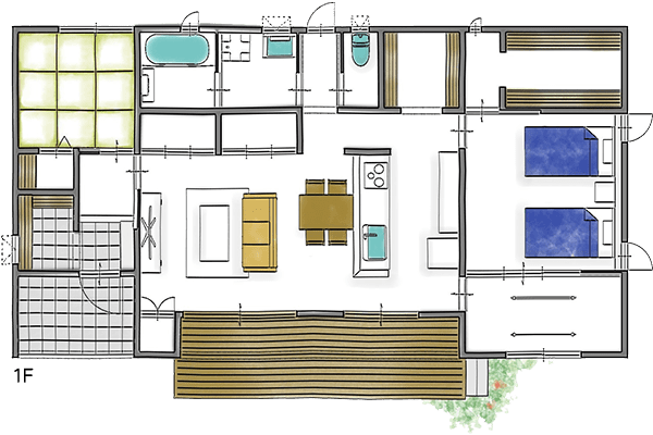ウッドデッキから始まる住まい 間取り