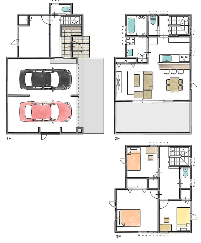 ビルトインガレージで趣味を愉しむ3階建ての家 間取り